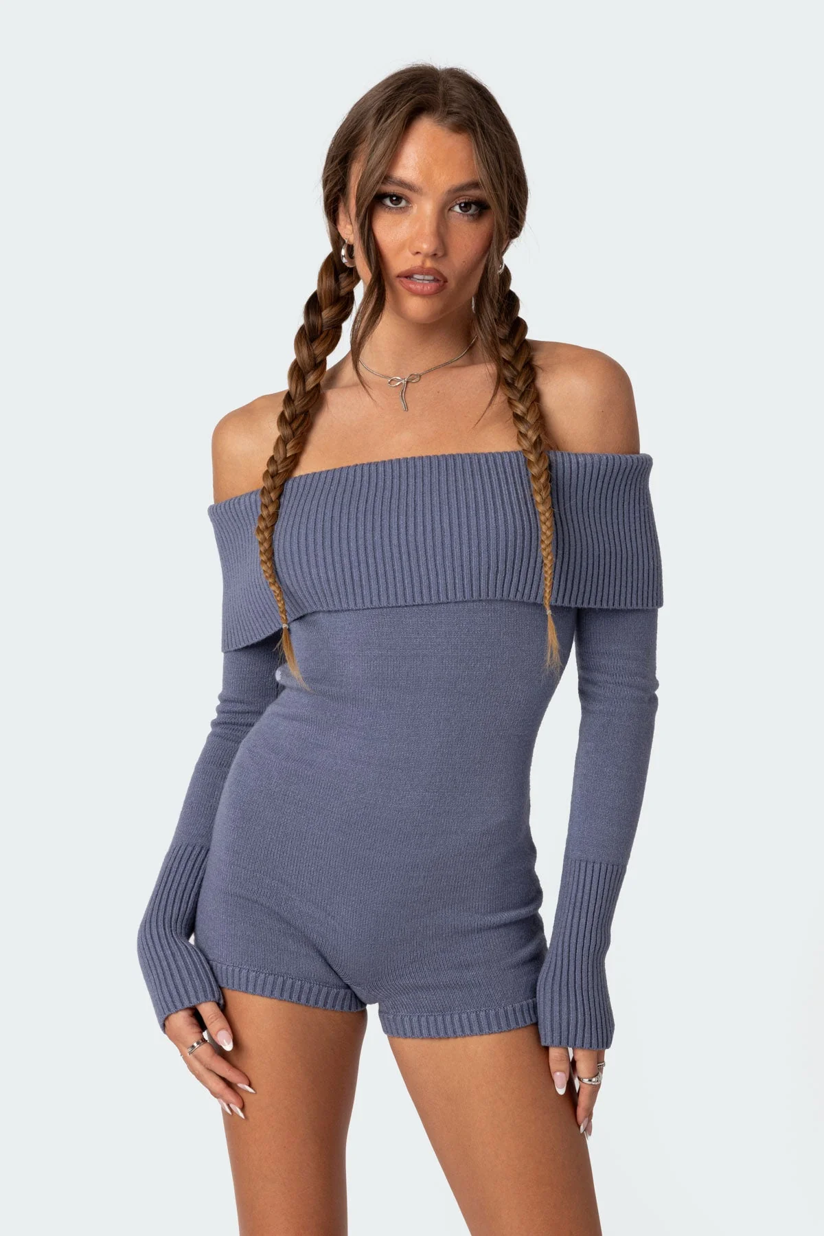 Blue Knitted Off Shoulder Jumpsuit