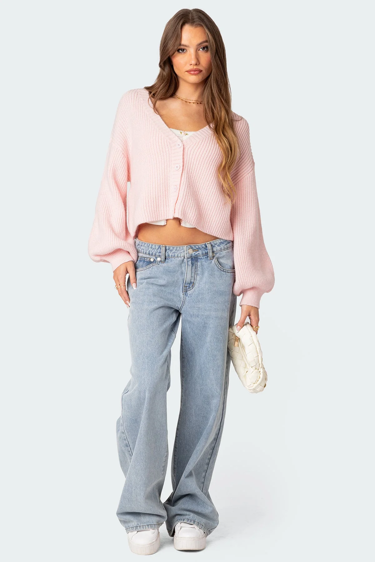 Light Pink Chunky Knit Cropped Cardigan for Women