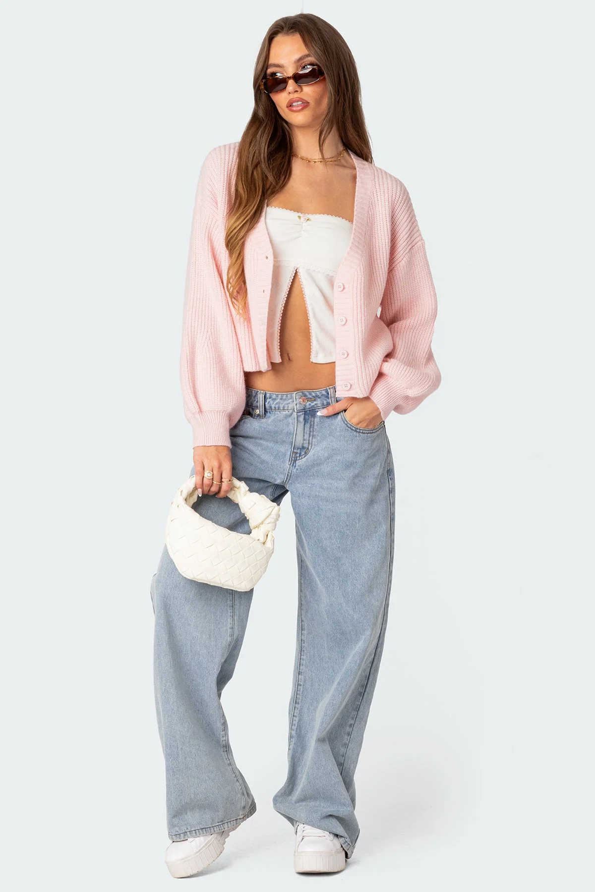 Light Pink Chunky Knit Cropped Cardigan for Women