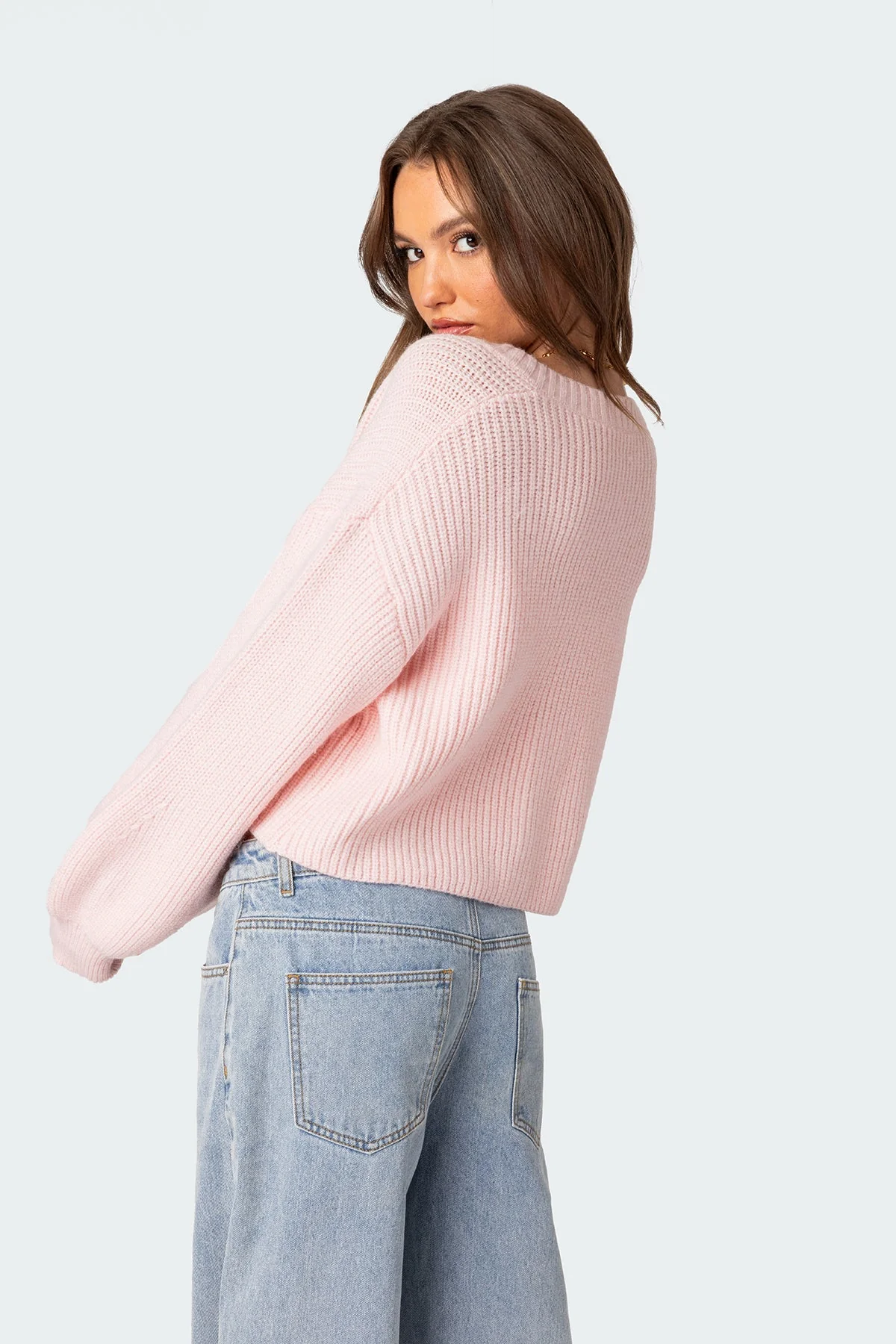 Light Pink Chunky Knit Cropped Cardigan for Women