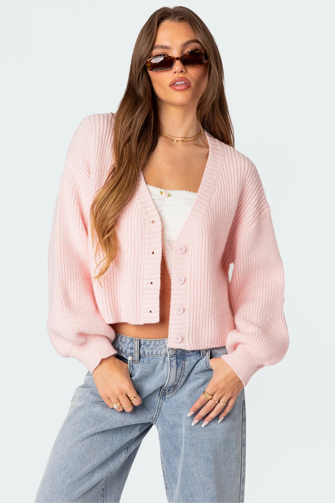 Light Pink Chunky Knit Cropped Cardigan for Women