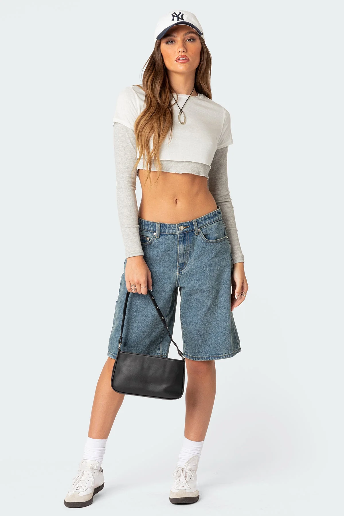 Layered Long Sleeve Crop Top Black Gray Mix