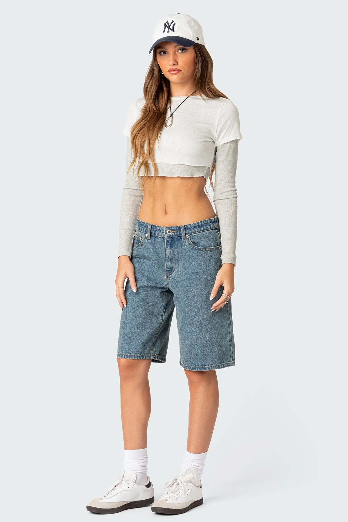 Layered Long Sleeve Crop Top Black Gray Mix