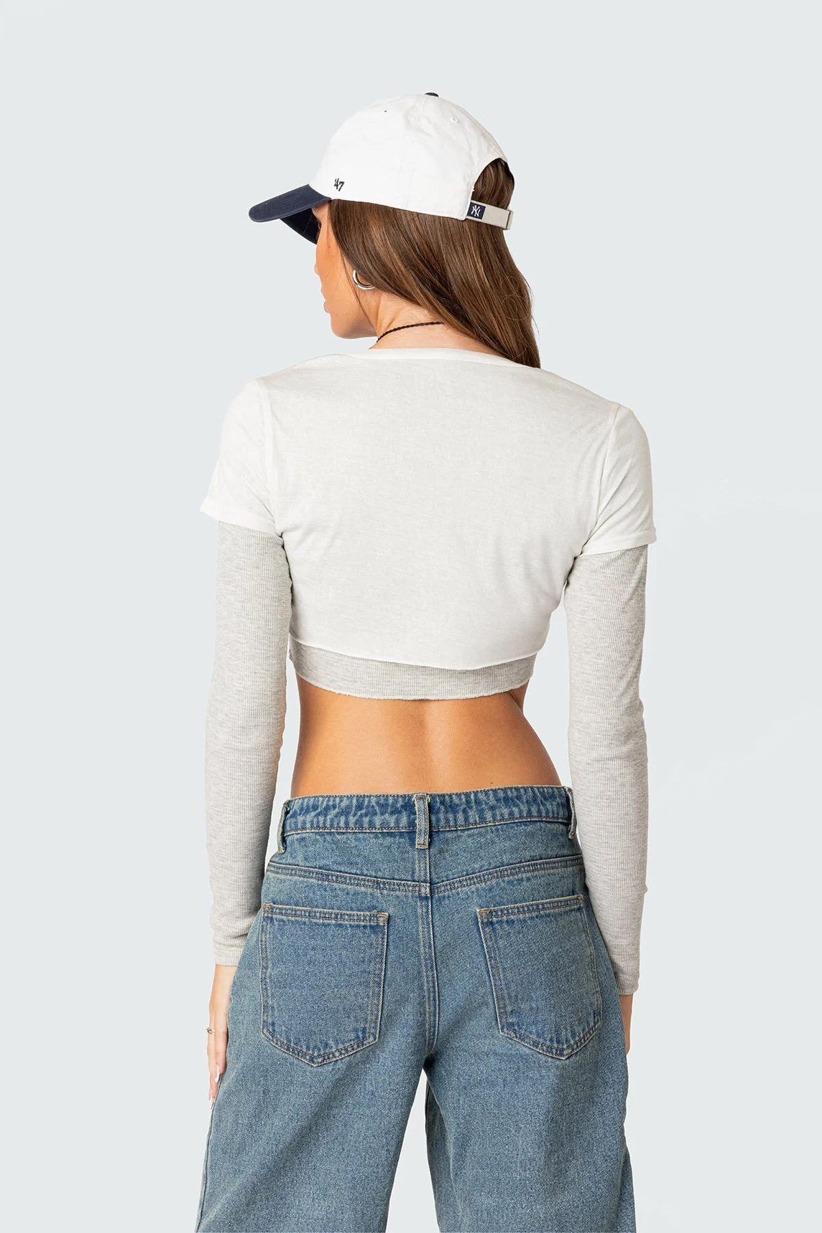Layered Long Sleeve Crop Top Black Gray Mix