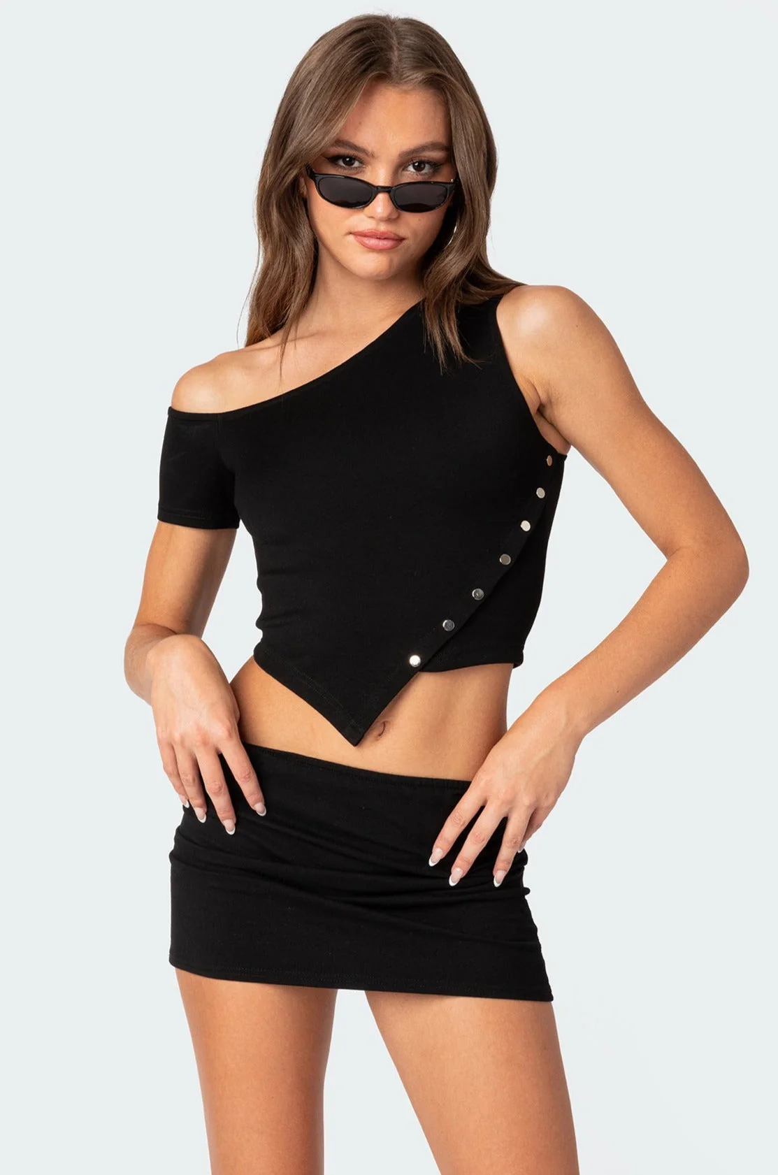 Black Asymmetric Crop Top with Side Snap Button Closure