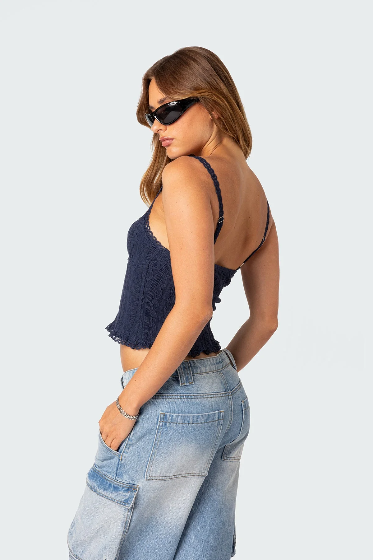 Navy Knit Tank Top with Lace Details