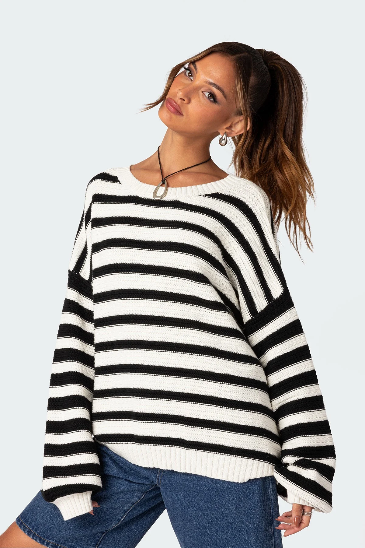 Chunky Knit Oversized Cotton Sweater in Black and White