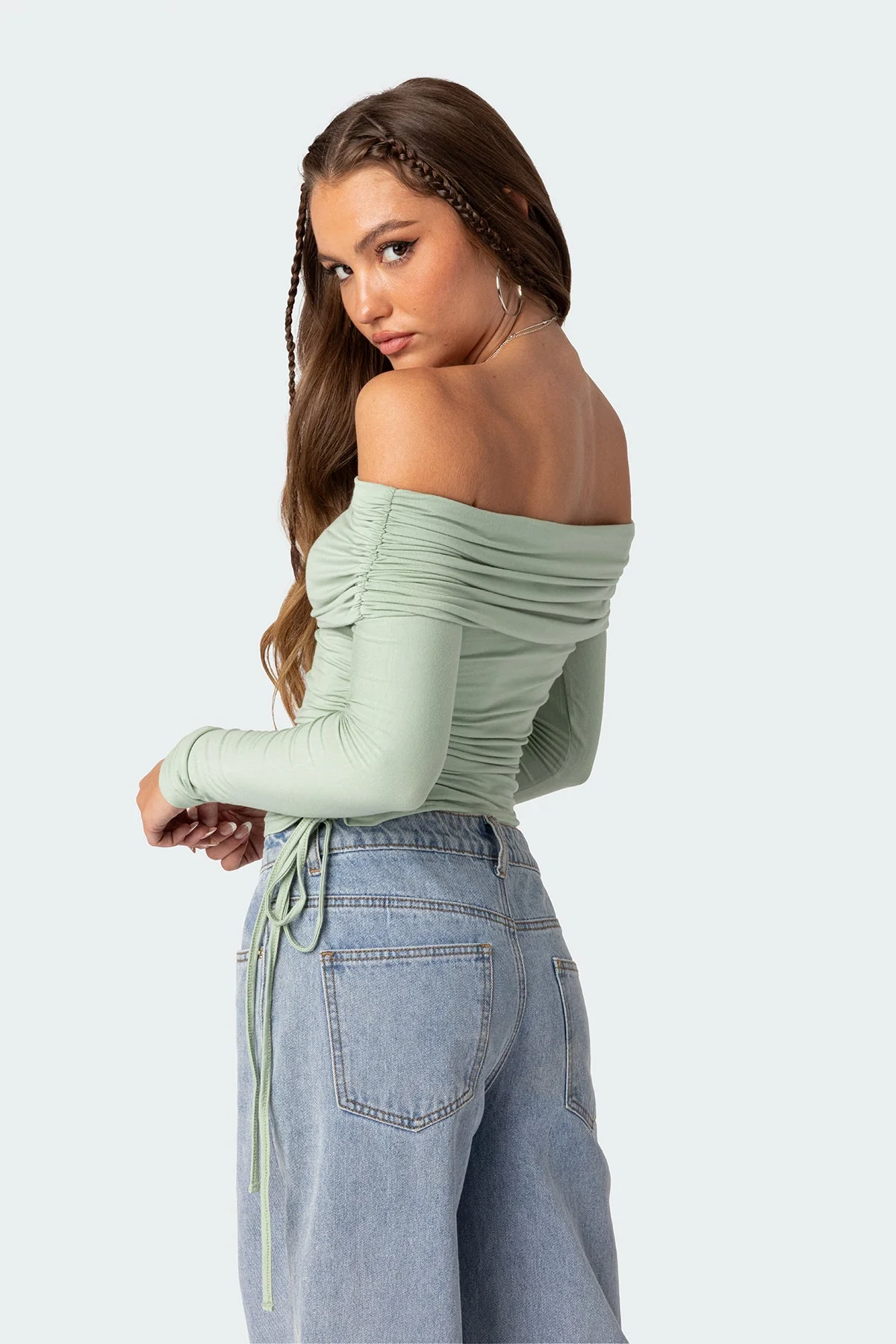 Green Fold Over Drawstring Top for Women XS- XL Long Sleeve Off Shoulder