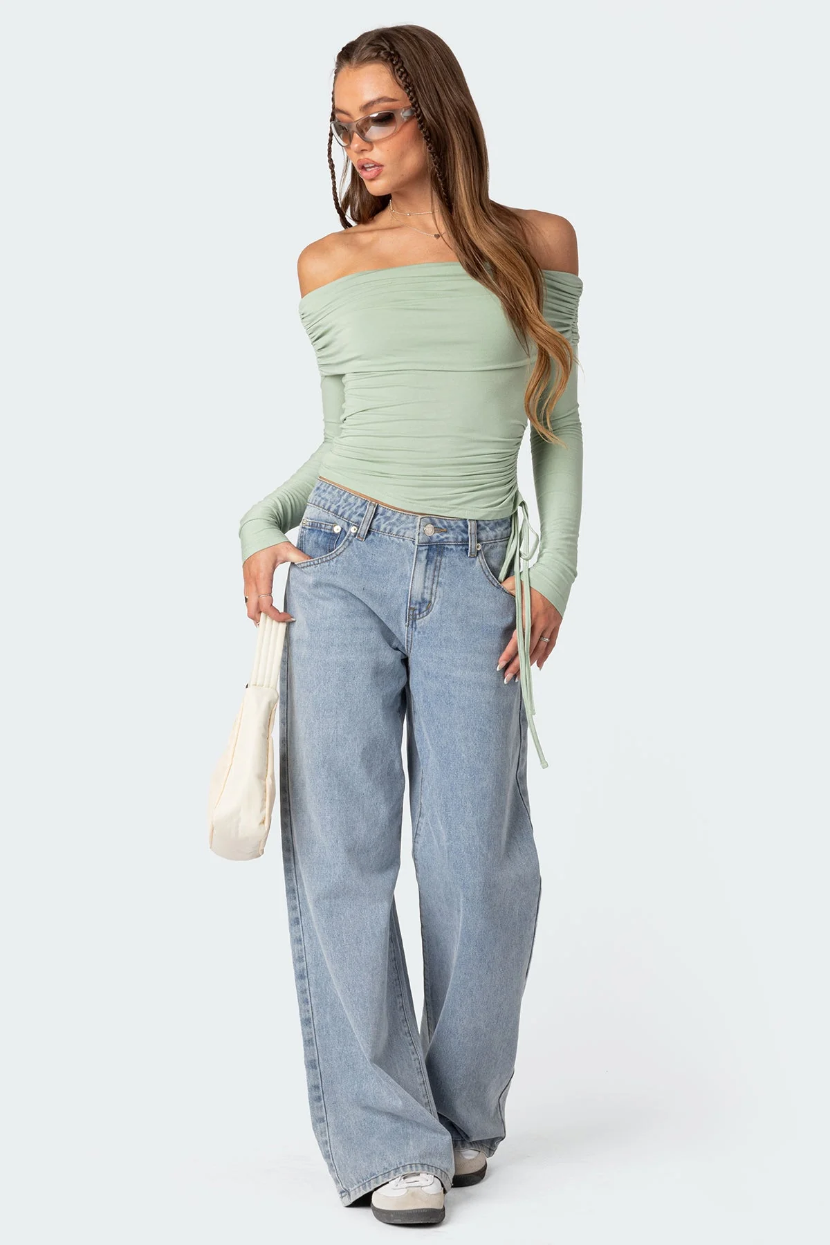 Green Fold Over Drawstring Top for Women XS- XL Long Sleeve Off Shoulder