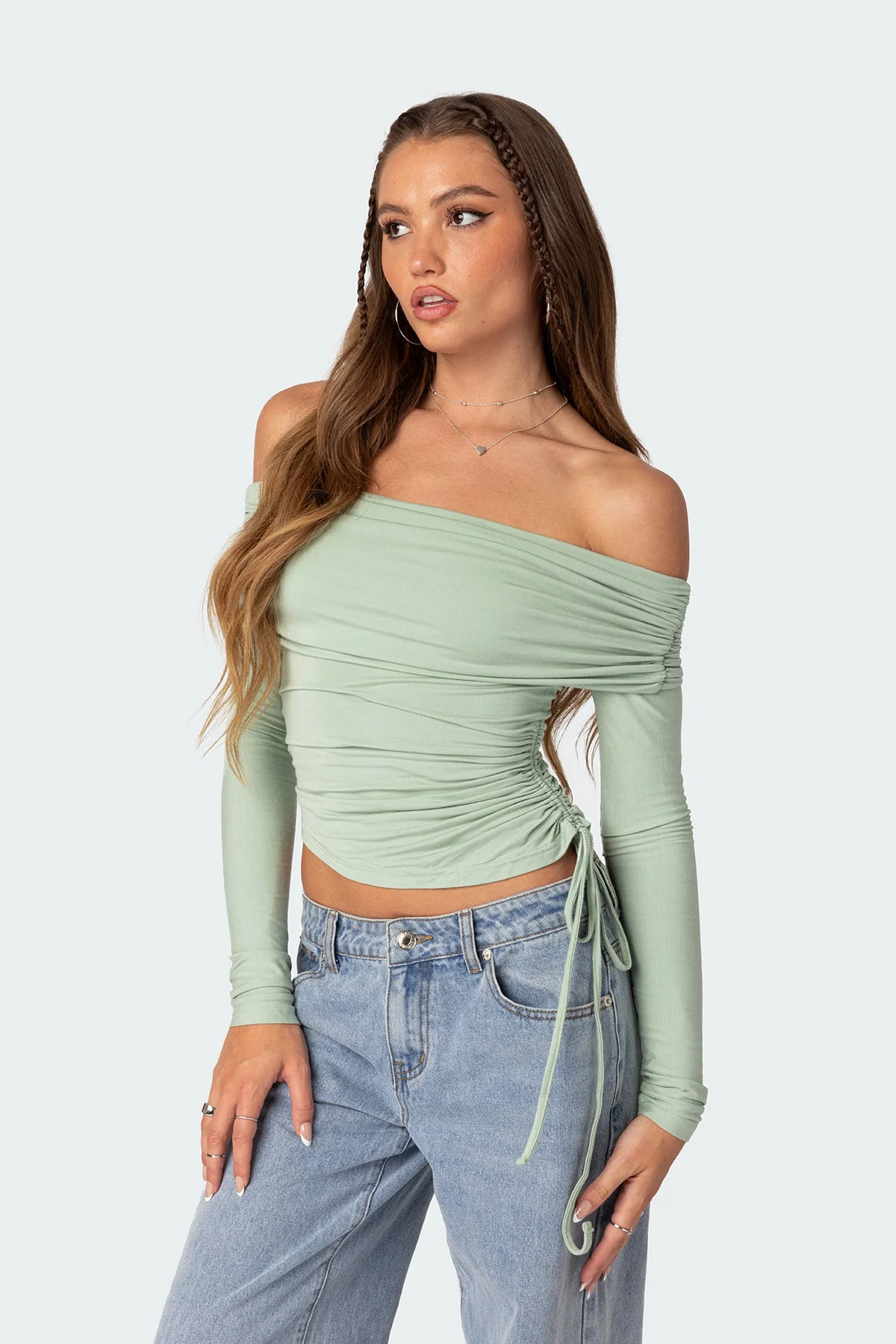 Green Fold Over Drawstring Top for Women XS- XL Long Sleeve Off Shoulder