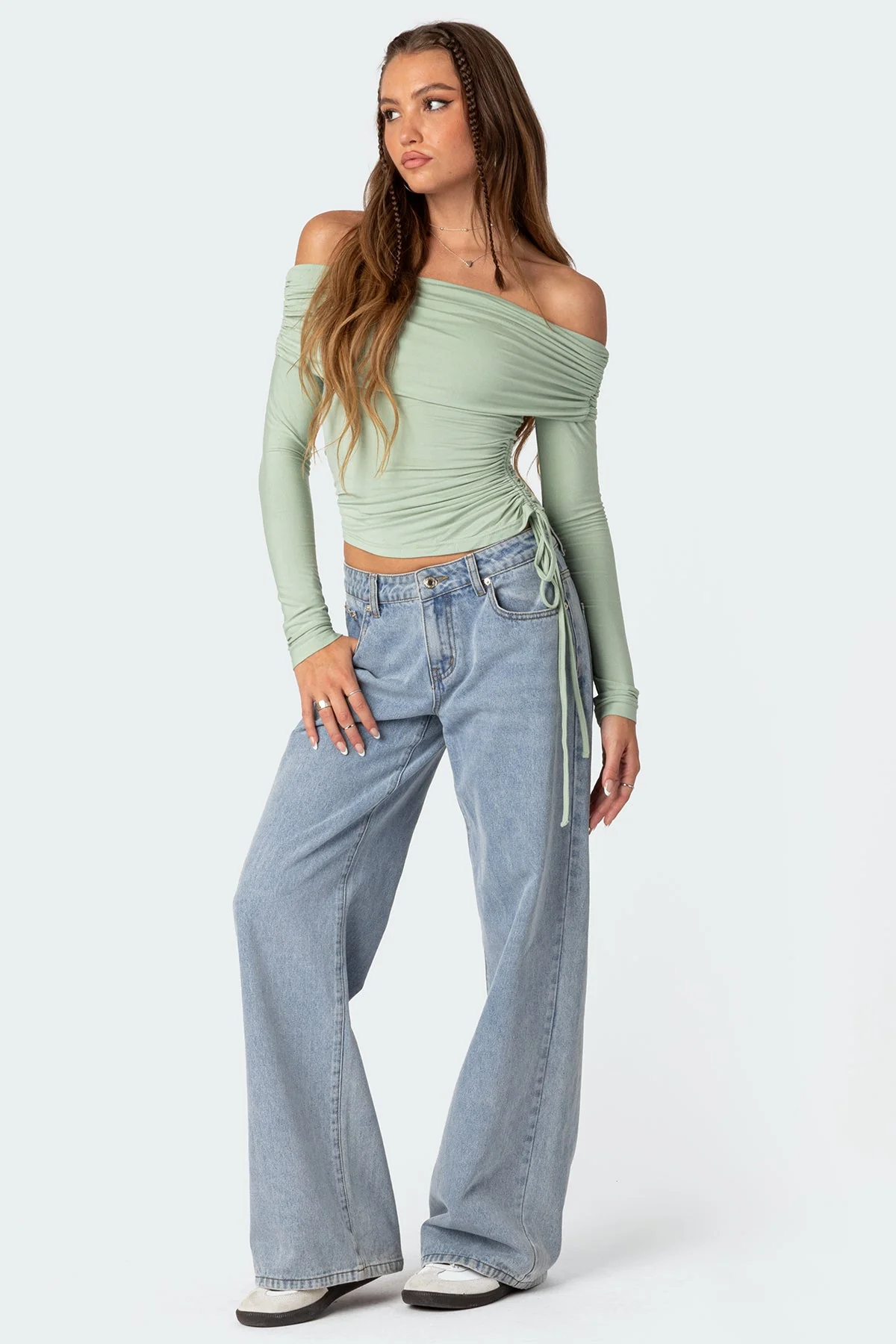 Green Fold Over Drawstring Top for Women XS- XL Long Sleeve Off Shoulder