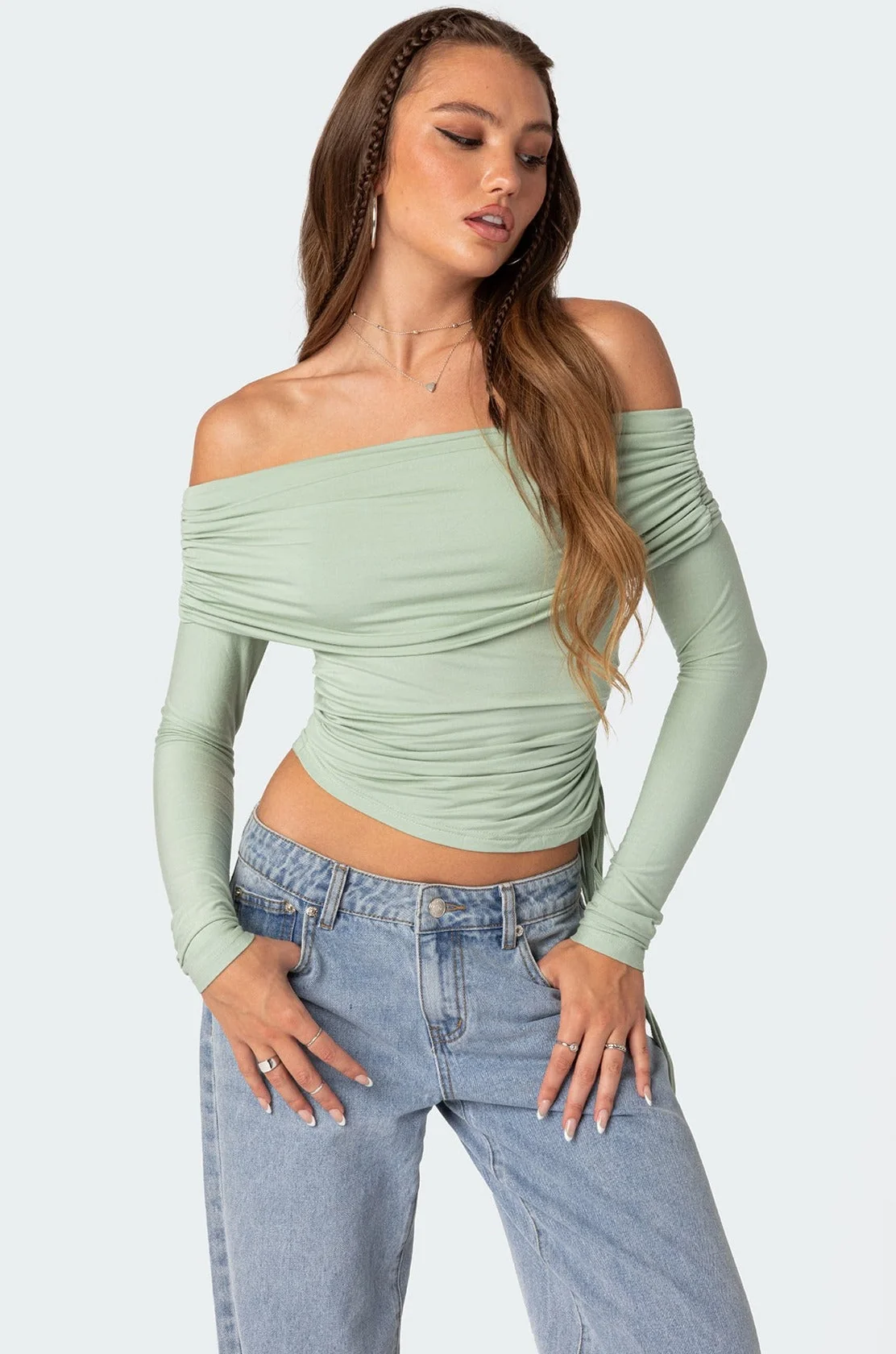 Green Fold Over Drawstring Top for Women XS- XL Long Sleeve Off Shoulder