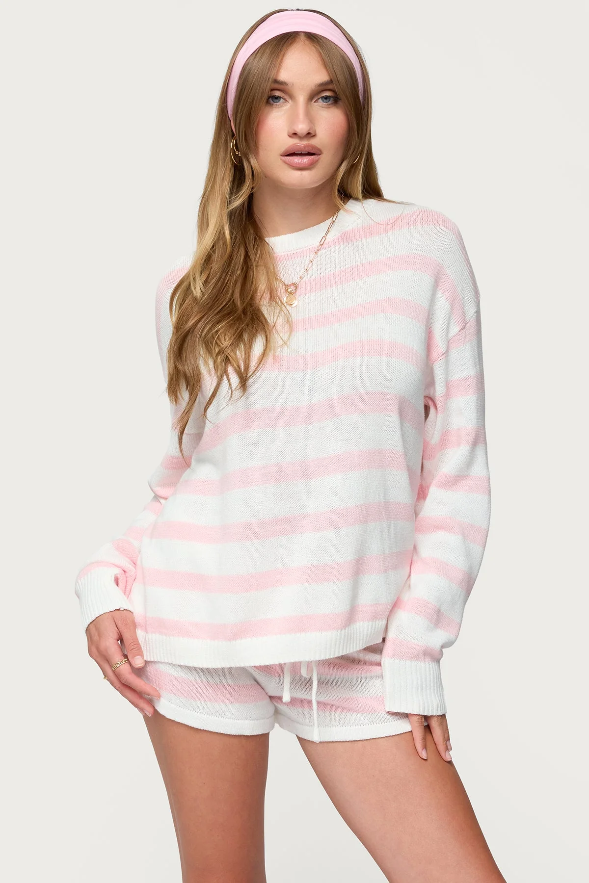 Striped Knit Oversized Sweater in Light Pink - Cozy Comfort for Stylish Look