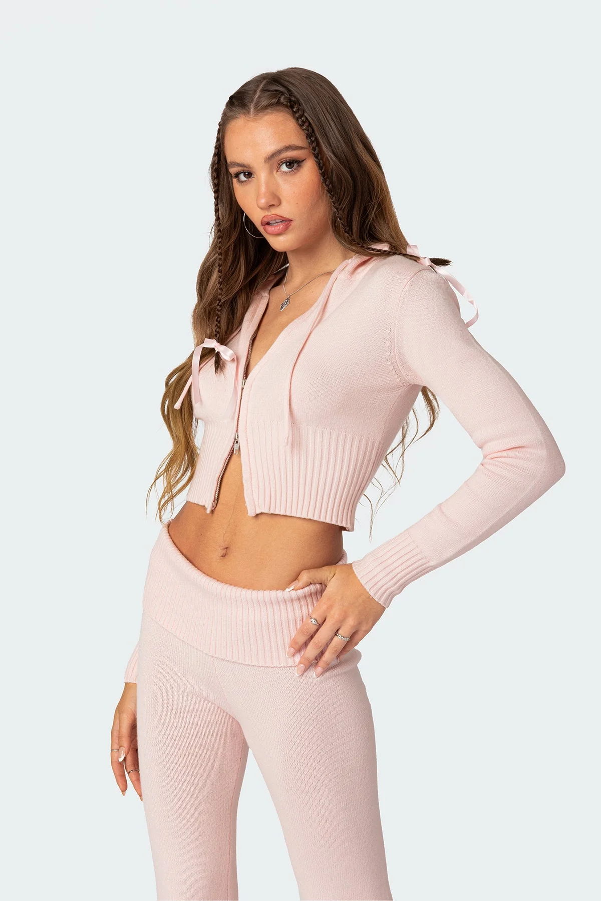 Hooded Knitted Cardigan in Light Pink - Womens Fashion