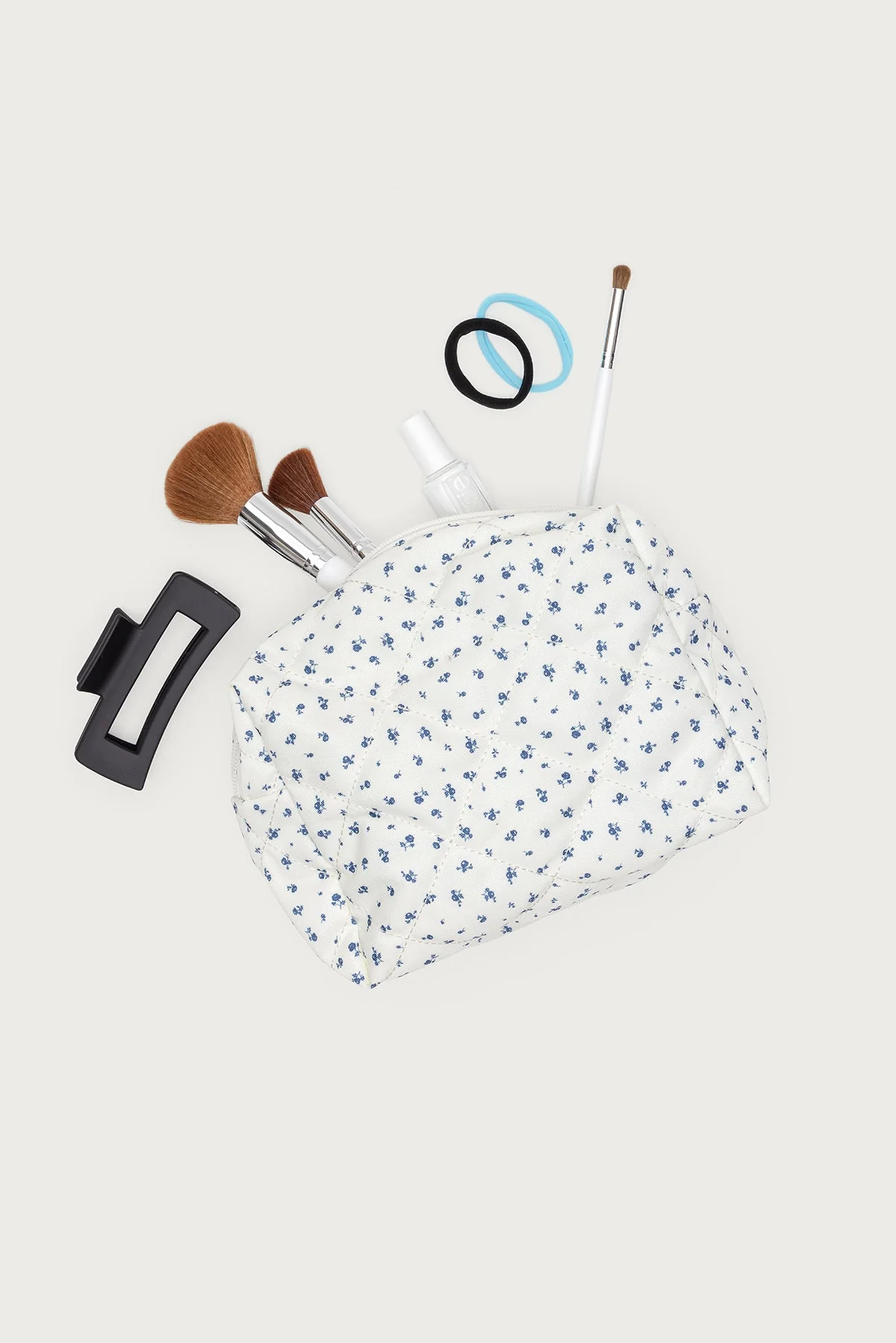 Quilted Floral Print Makeup Bag - White Polyester