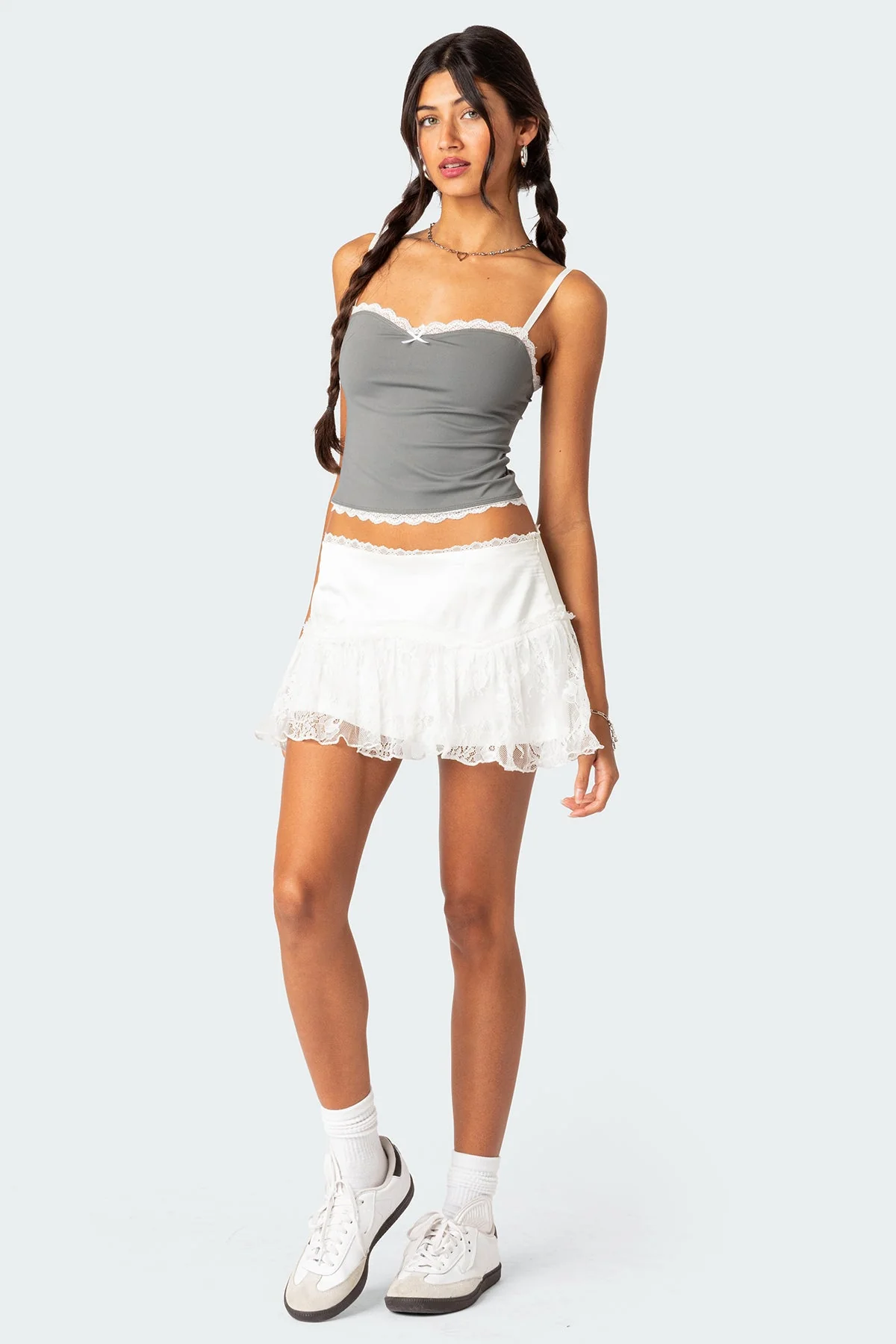 Lace Trim Tank Top in Stone Gray