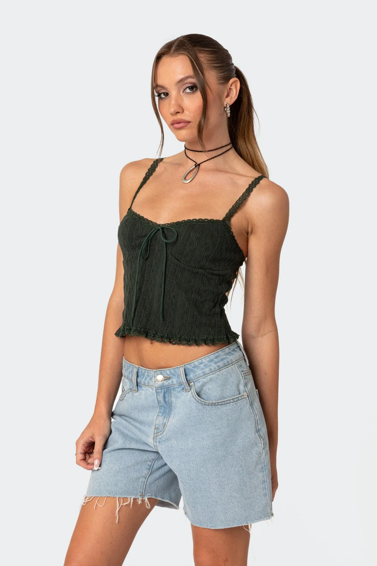Olive Knit Tank Top with Lace Detailing
