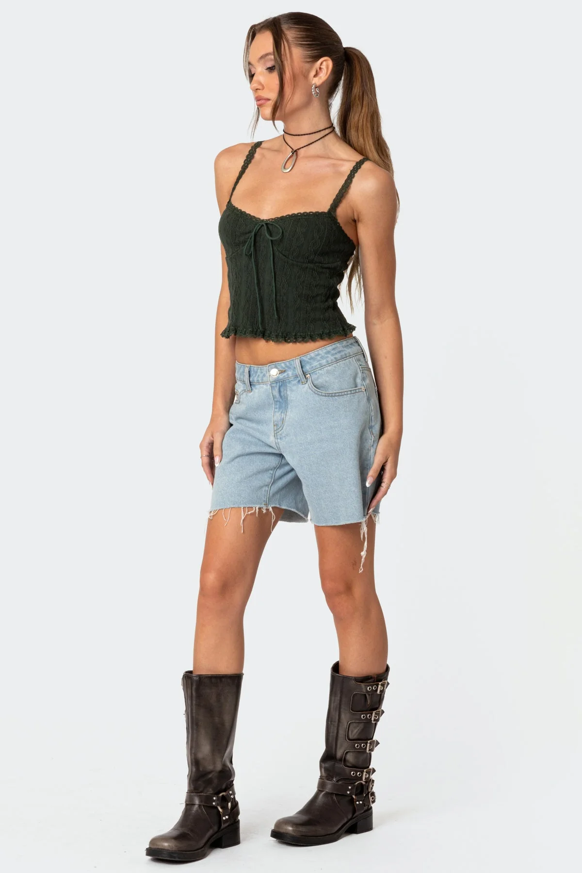 Olive Knit Tank Top with Lace Detailing