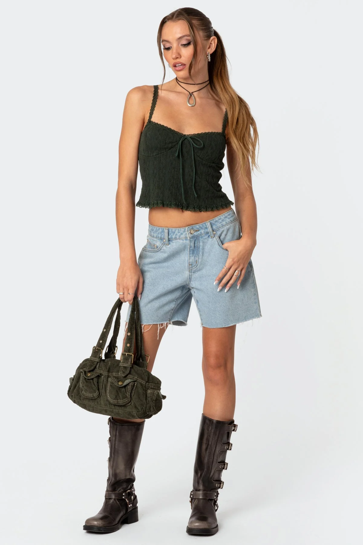 Olive Knit Tank Top with Lace Detailing
