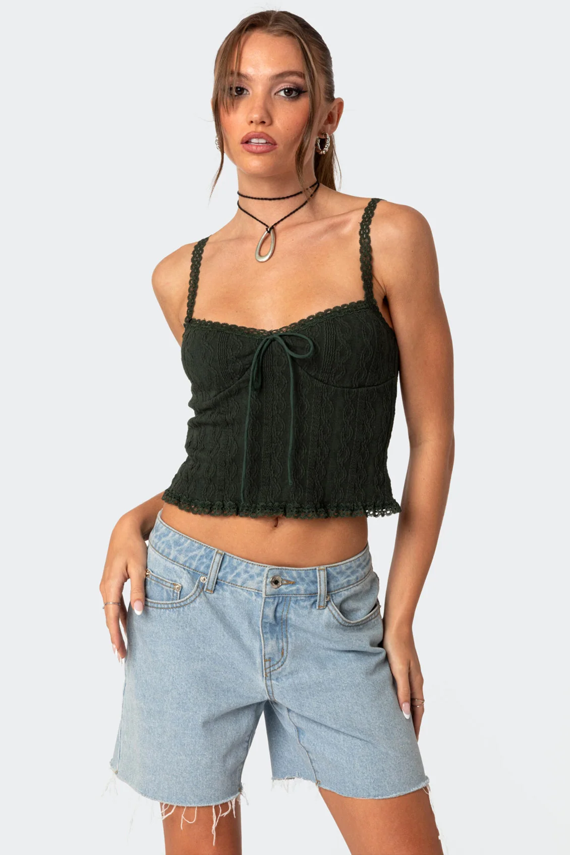 Olive Knit Tank Top with Lace Detailing