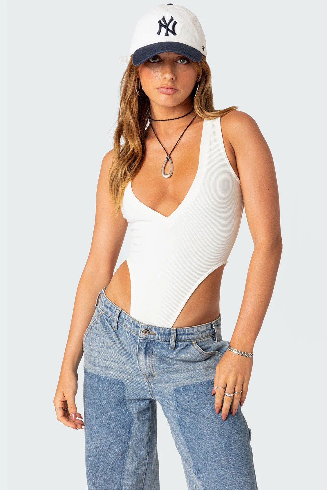 White Ribbed V Neck Bodysuit - High Cut Fashion