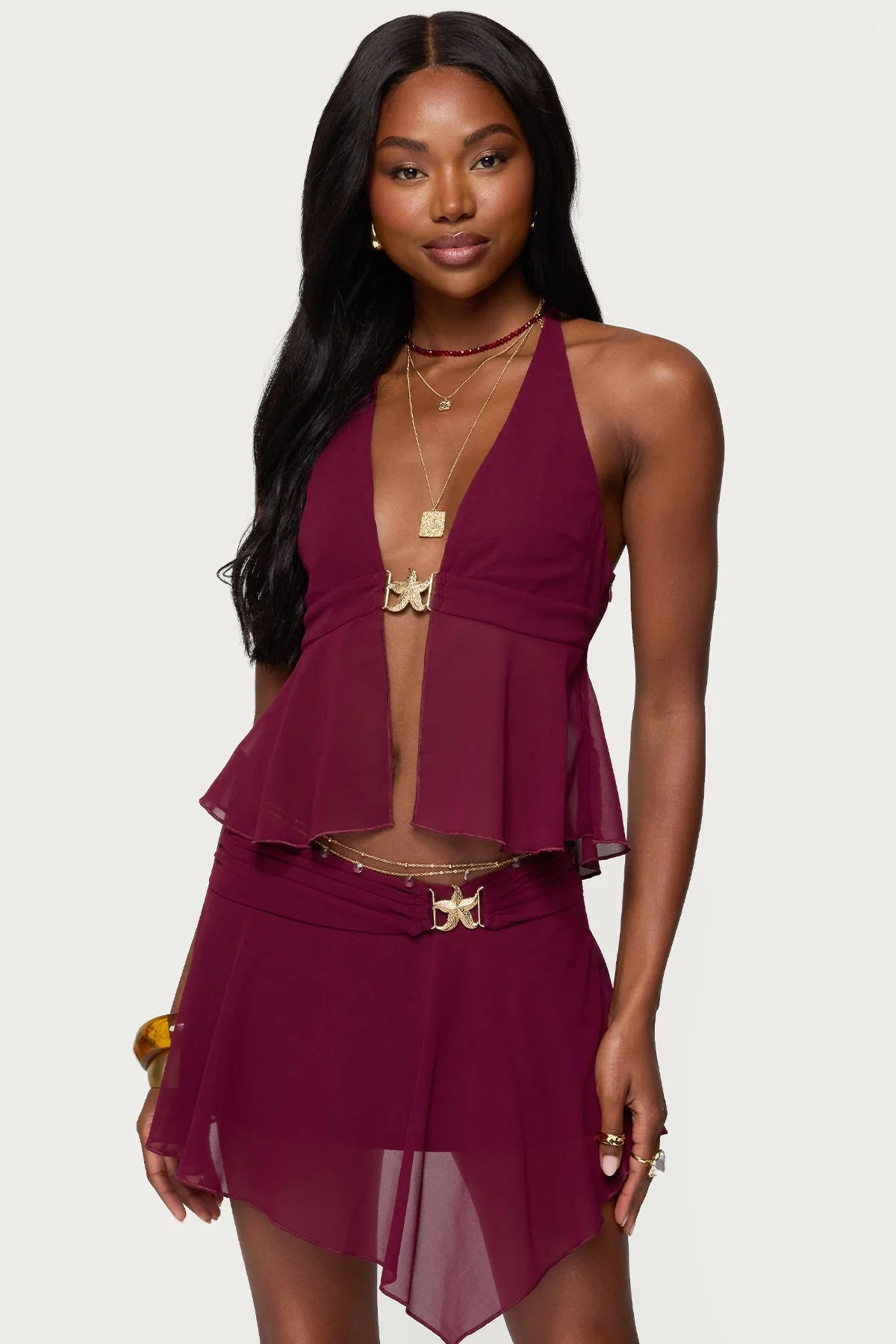 Burgundy Chiffon Halter Top with Metal Starfish Detail