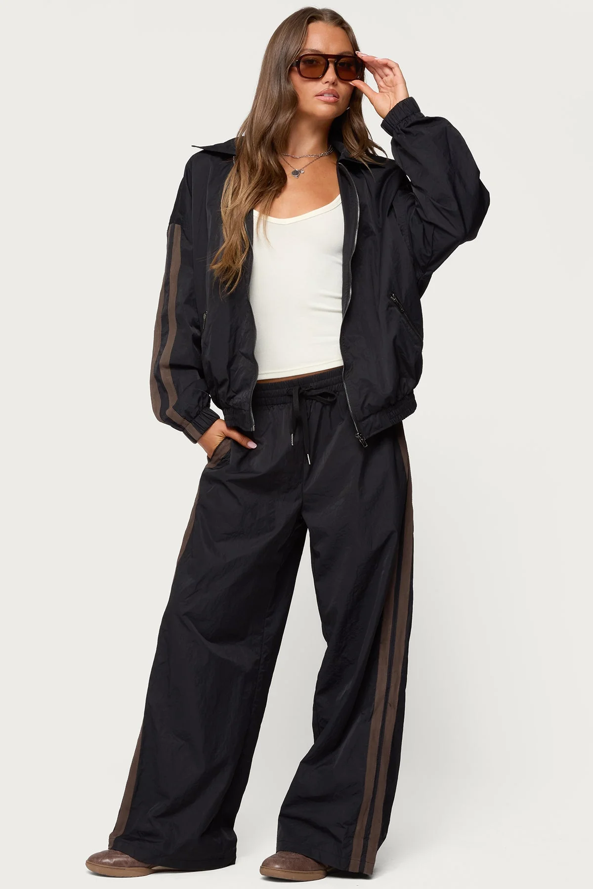 Black Nylon Track Pants with Side Stripes