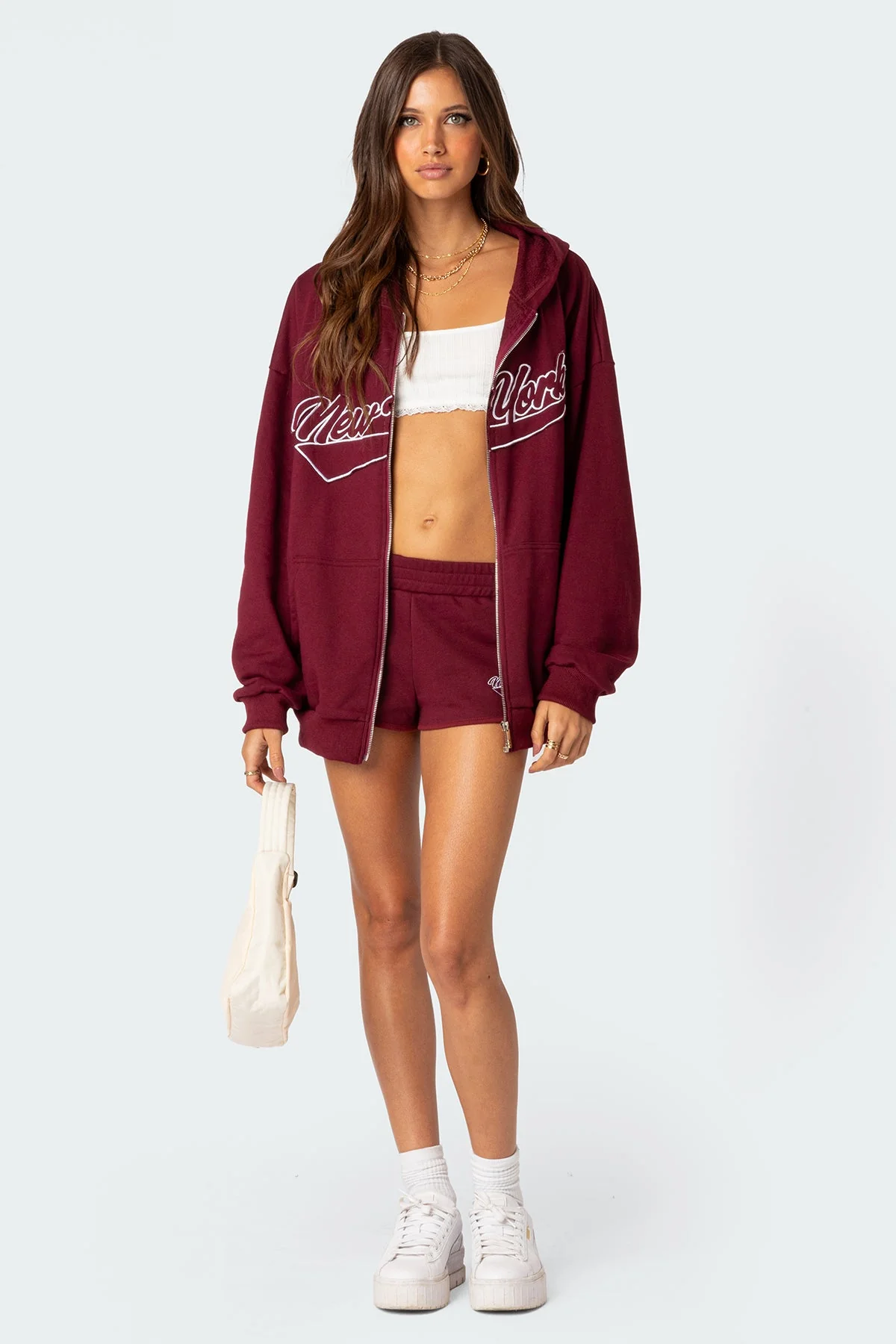 Burgundy Oversized Hoodie Womens Zip Front Cotton Polyester