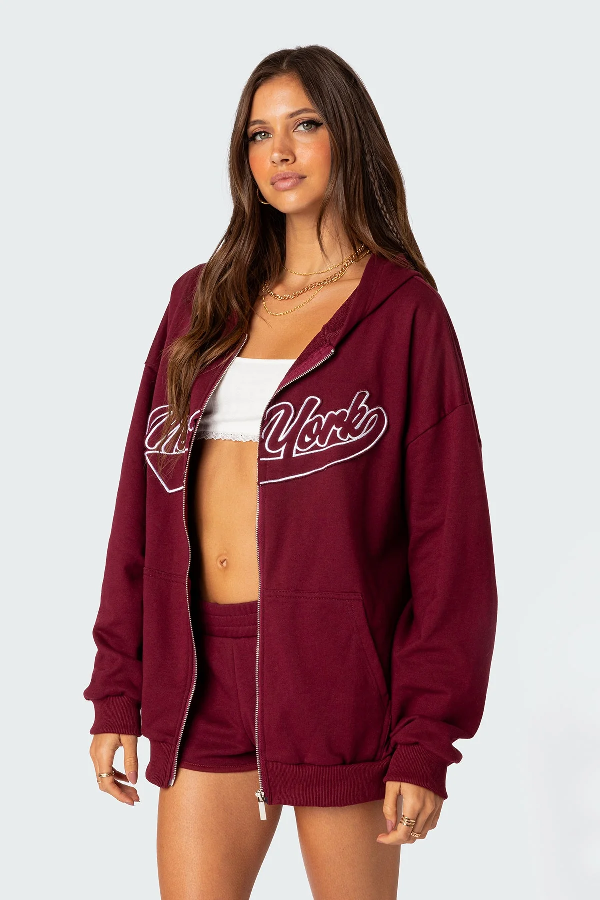 Burgundy Oversized Hoodie Womens Zip Front Cotton Polyester