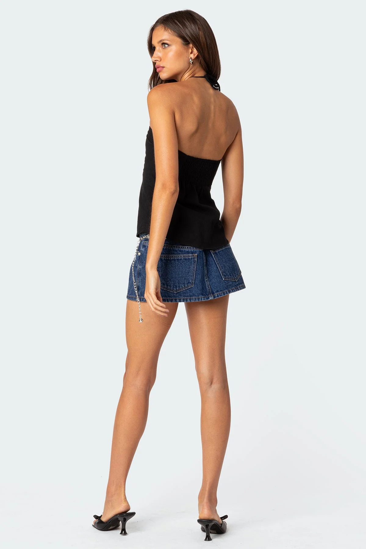 Black Gathered Halter Neck Cotton Top