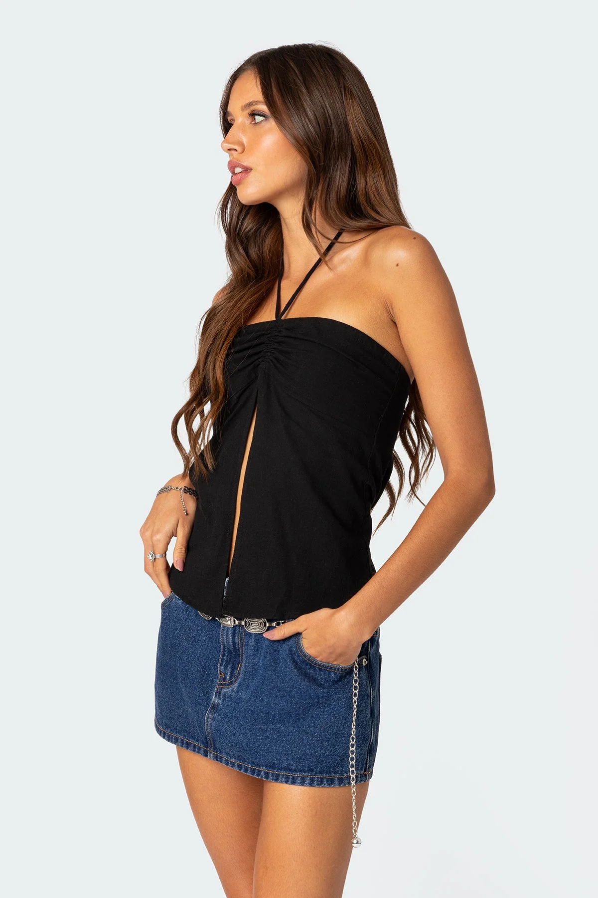 Black Gathered Halter Neck Cotton Top
