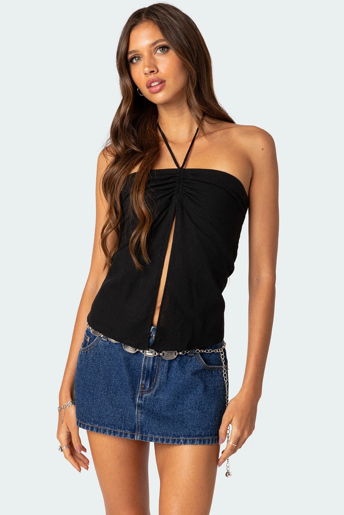 Black Gathered Halter Neck Cotton Top