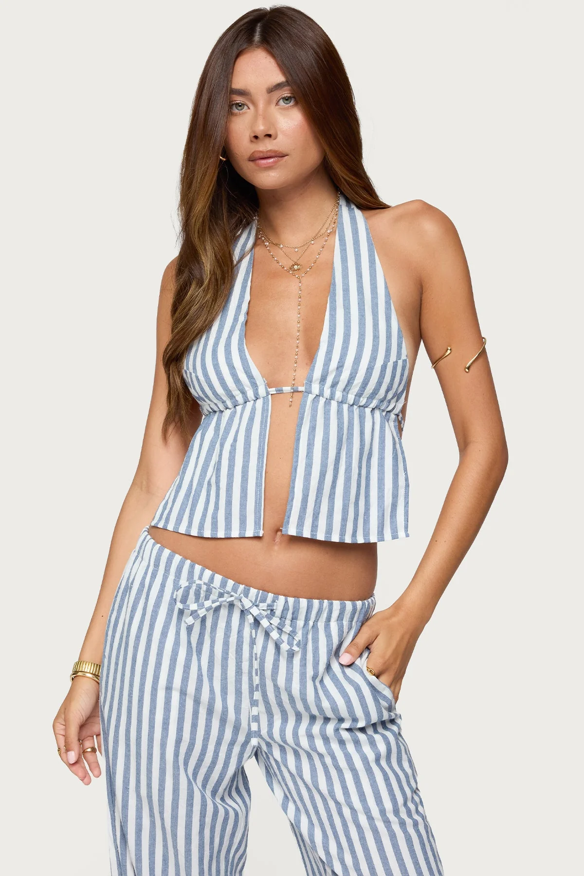 Blue and White Striped Halter Top with Backless Design