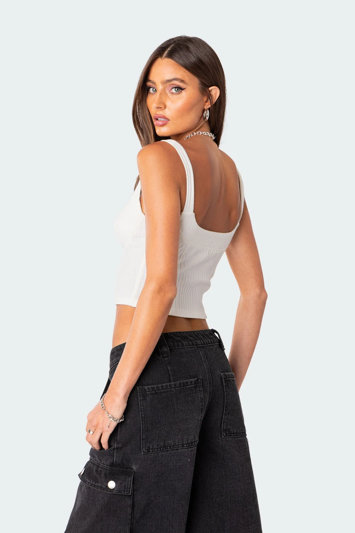 White Ribbed Corset Top - Breathable Stretch Cotton Spandex Blend