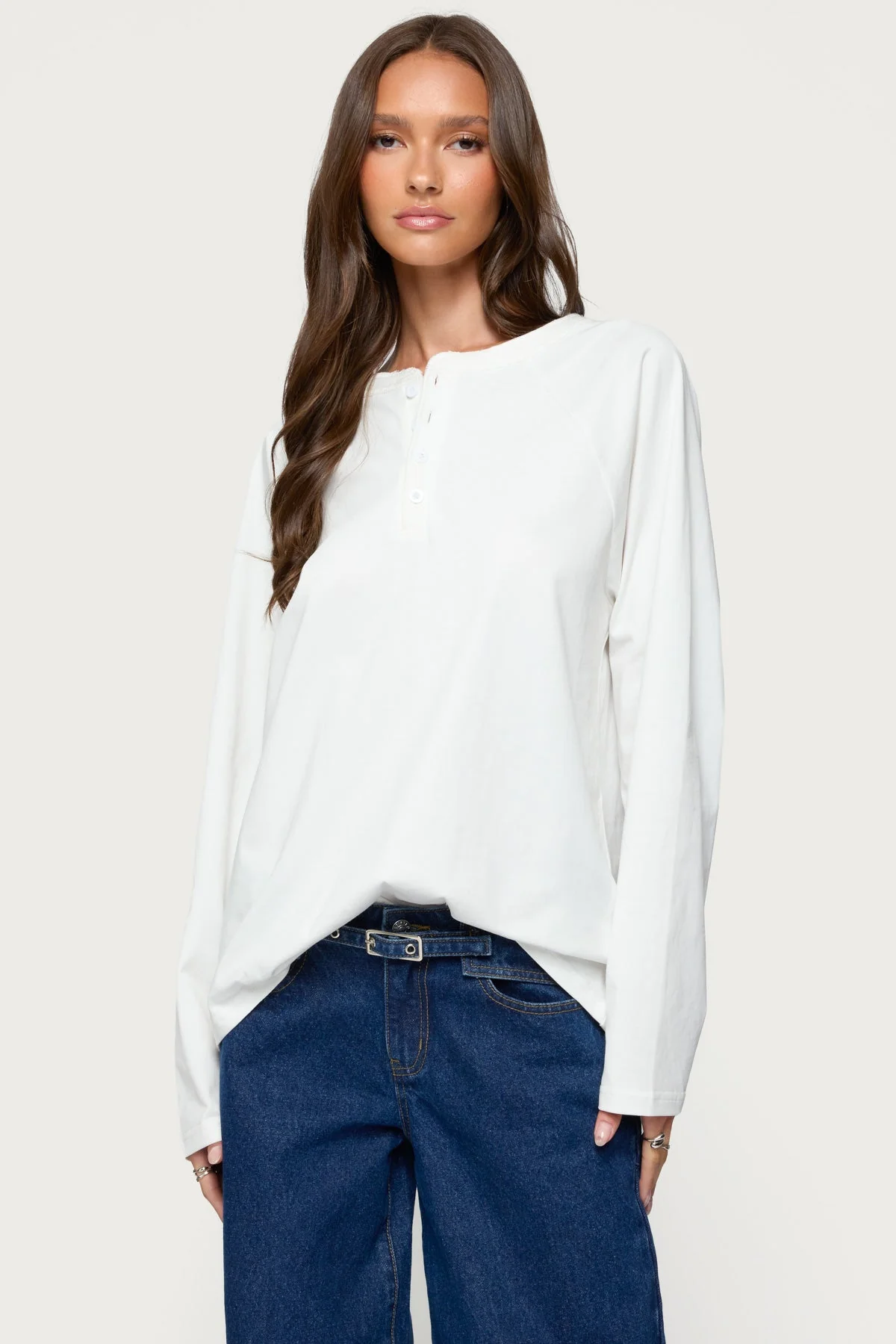 White Cotton Oversized Henley Shirt