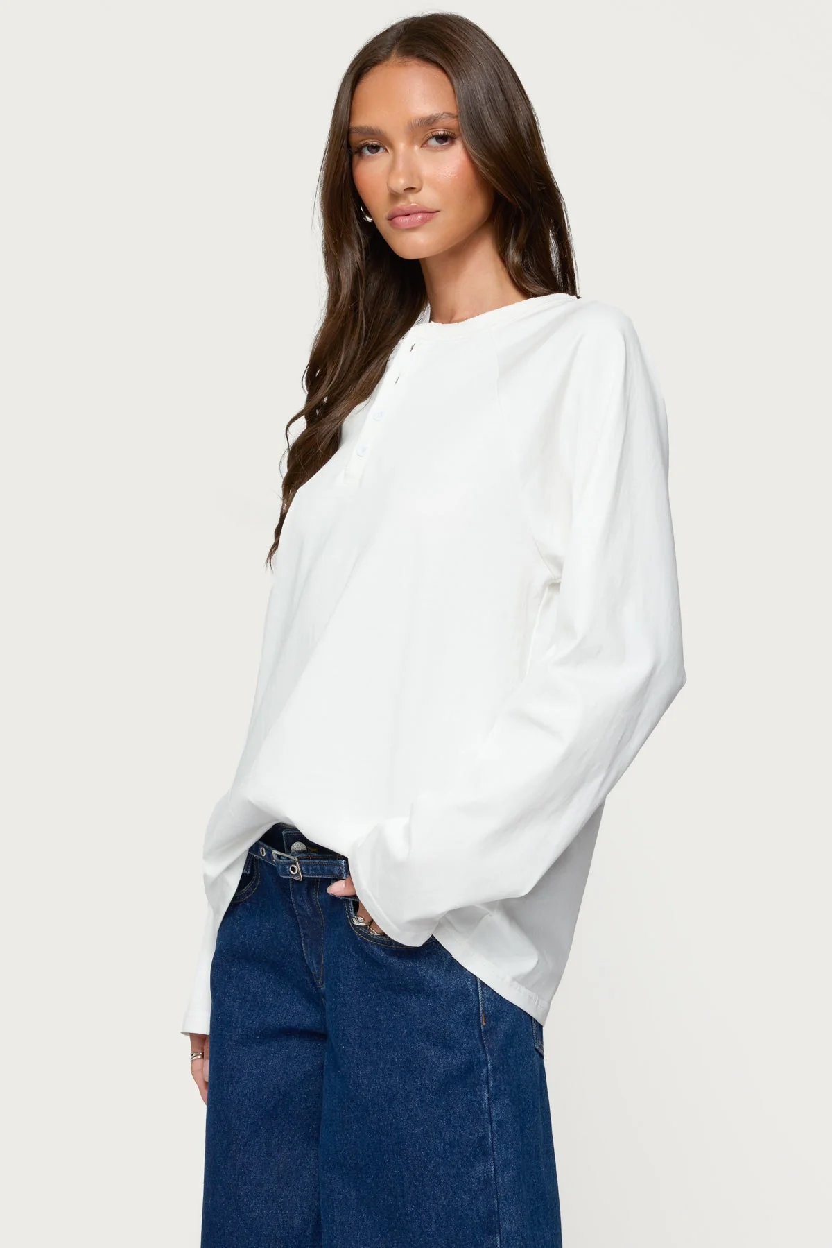 White Cotton Oversized Henley Shirt