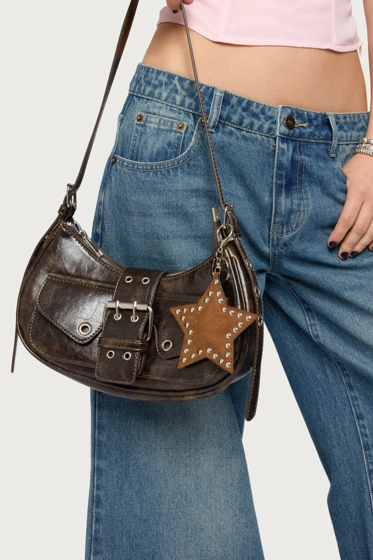 Brown Star Studded Faux Suede Key Chain