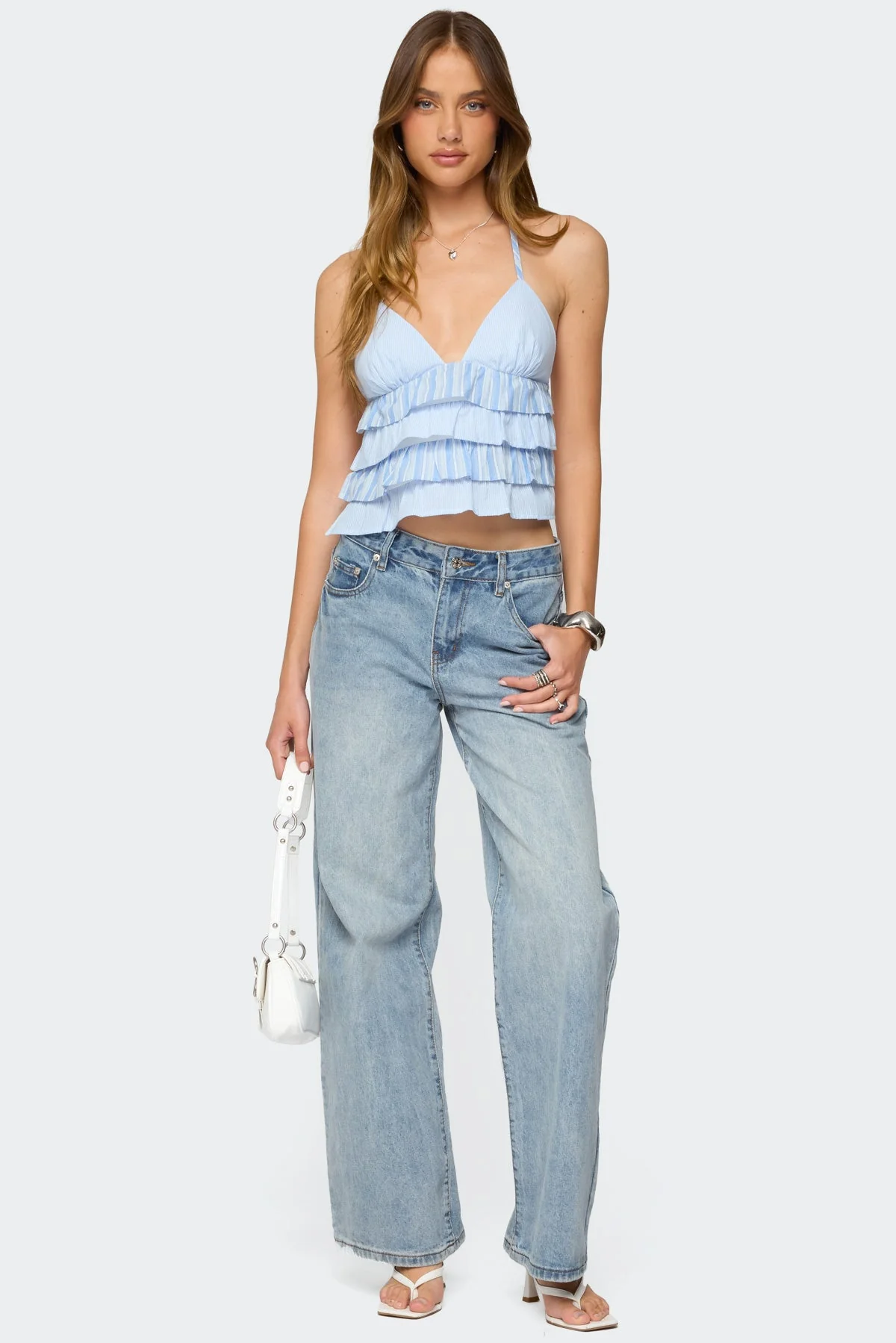 Striped Halter Top with Tiered Ruffle Design