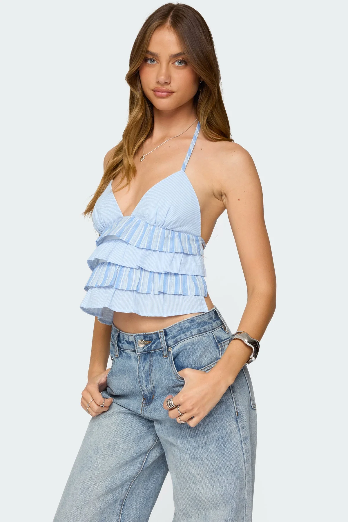 Striped Halter Top with Tiered Ruffle Design