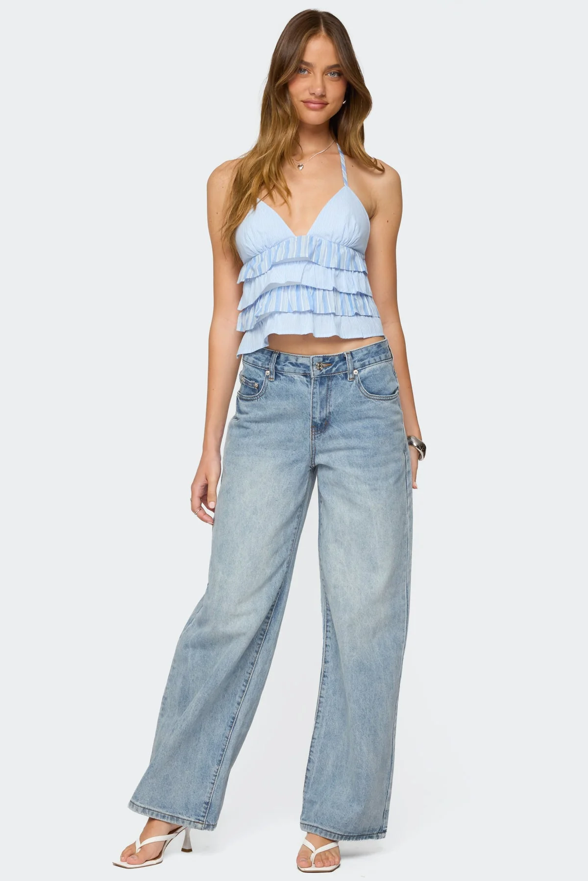 Striped Halter Top with Tiered Ruffle Design