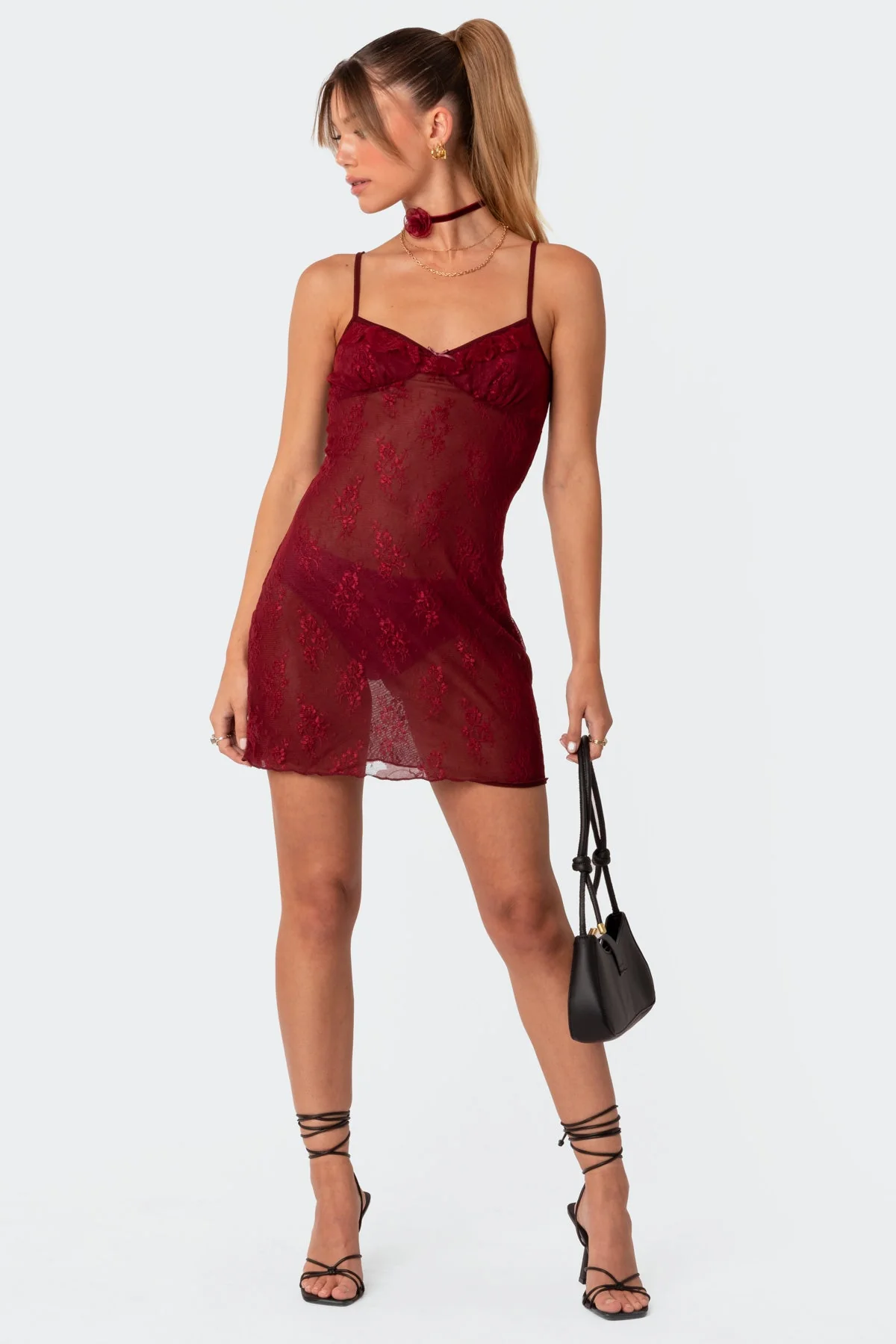Burgundy Sheer Lace Mini Dress - Adjustable Straps & Lined Bust