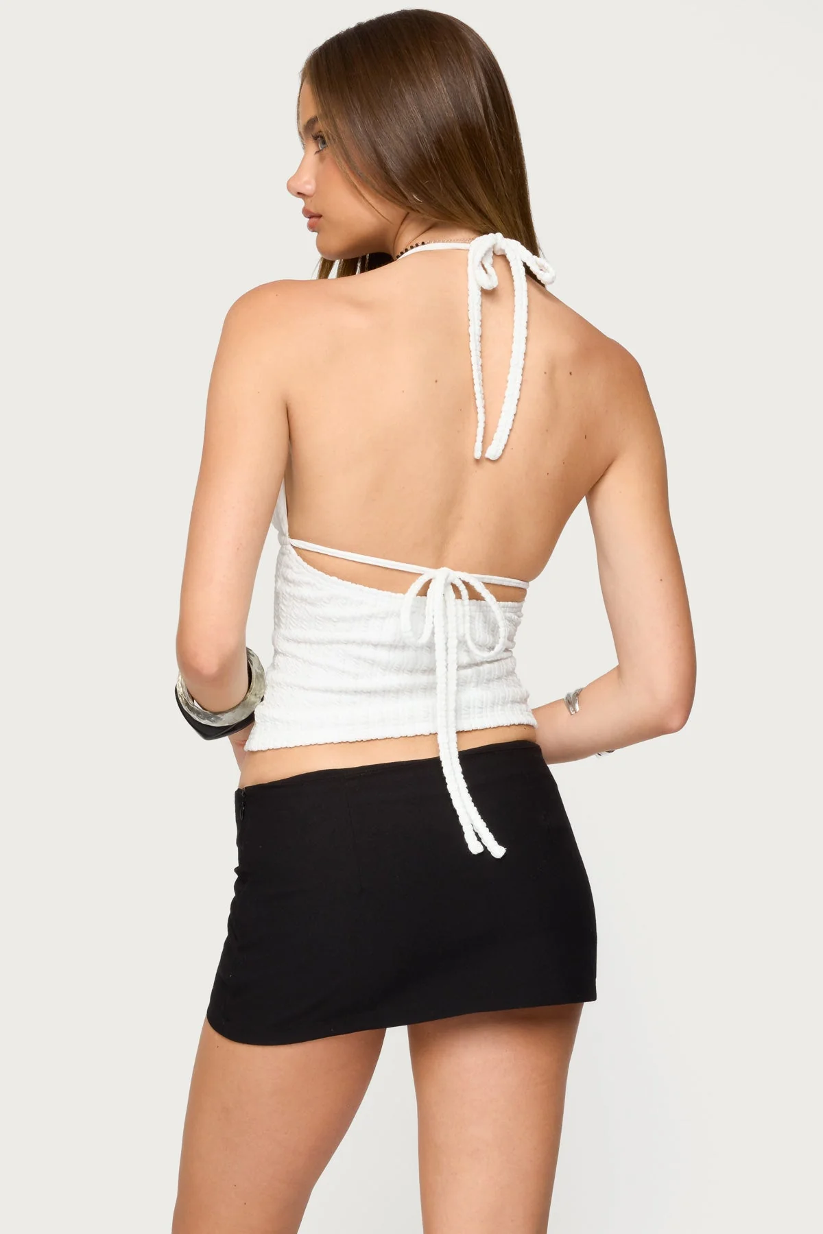 Textured Cut Out Halter Top in White and Black - Stylish Powell Design