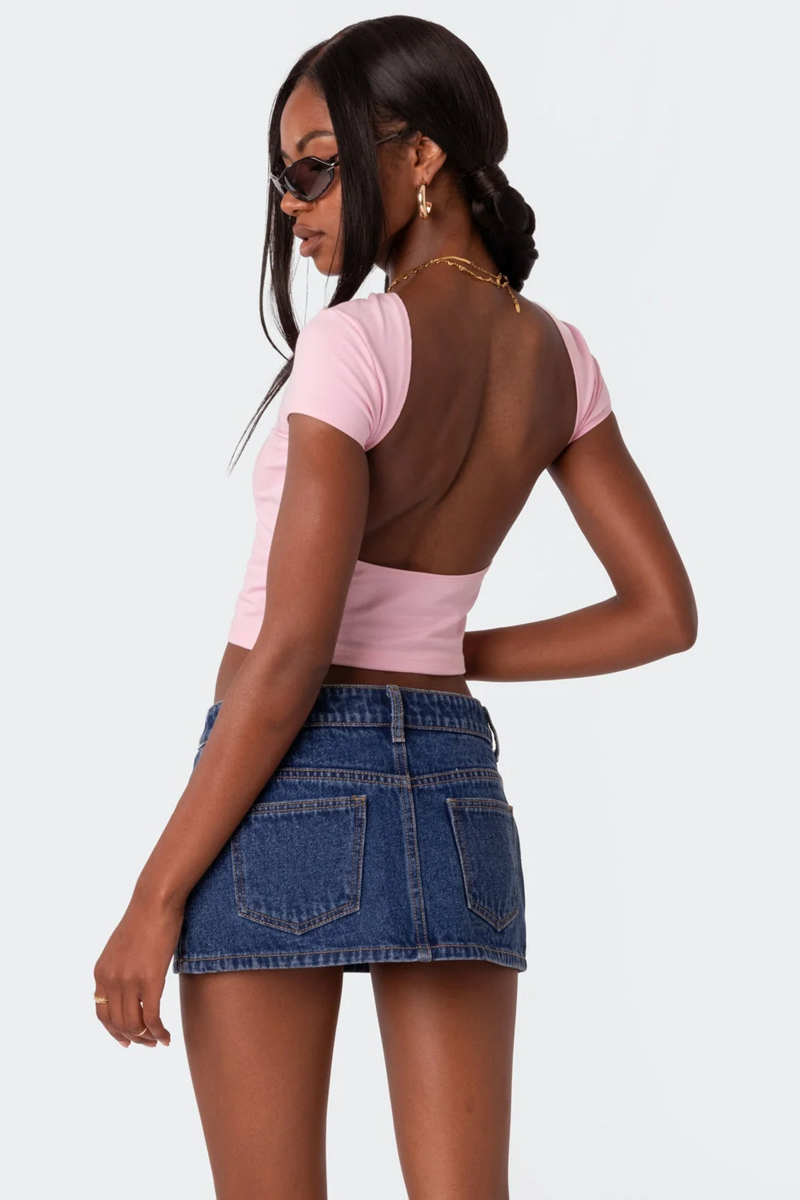 Light Pink Open-Back T-Shirt Womens Casual Cotton Spandex Blend