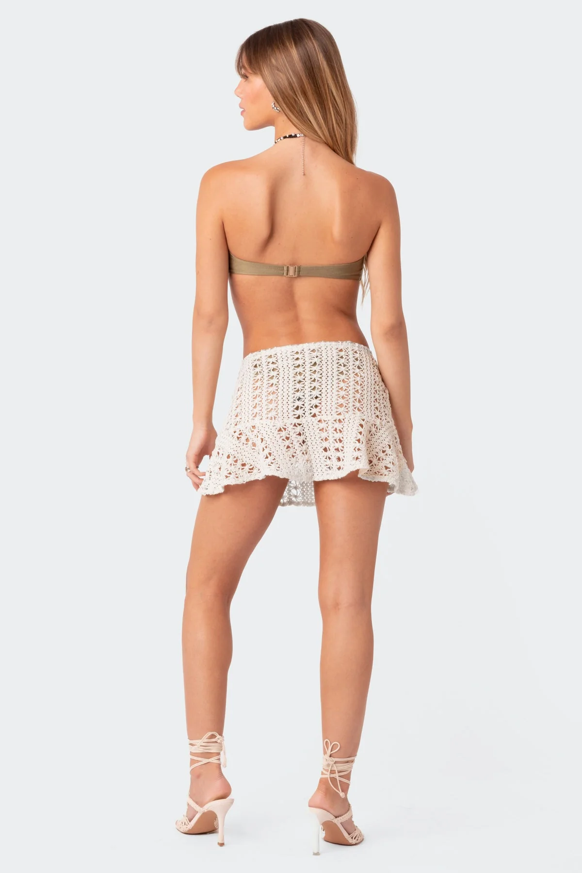 Beige Crochet Mini Skirt Womens Low Rise Beachwear Dress