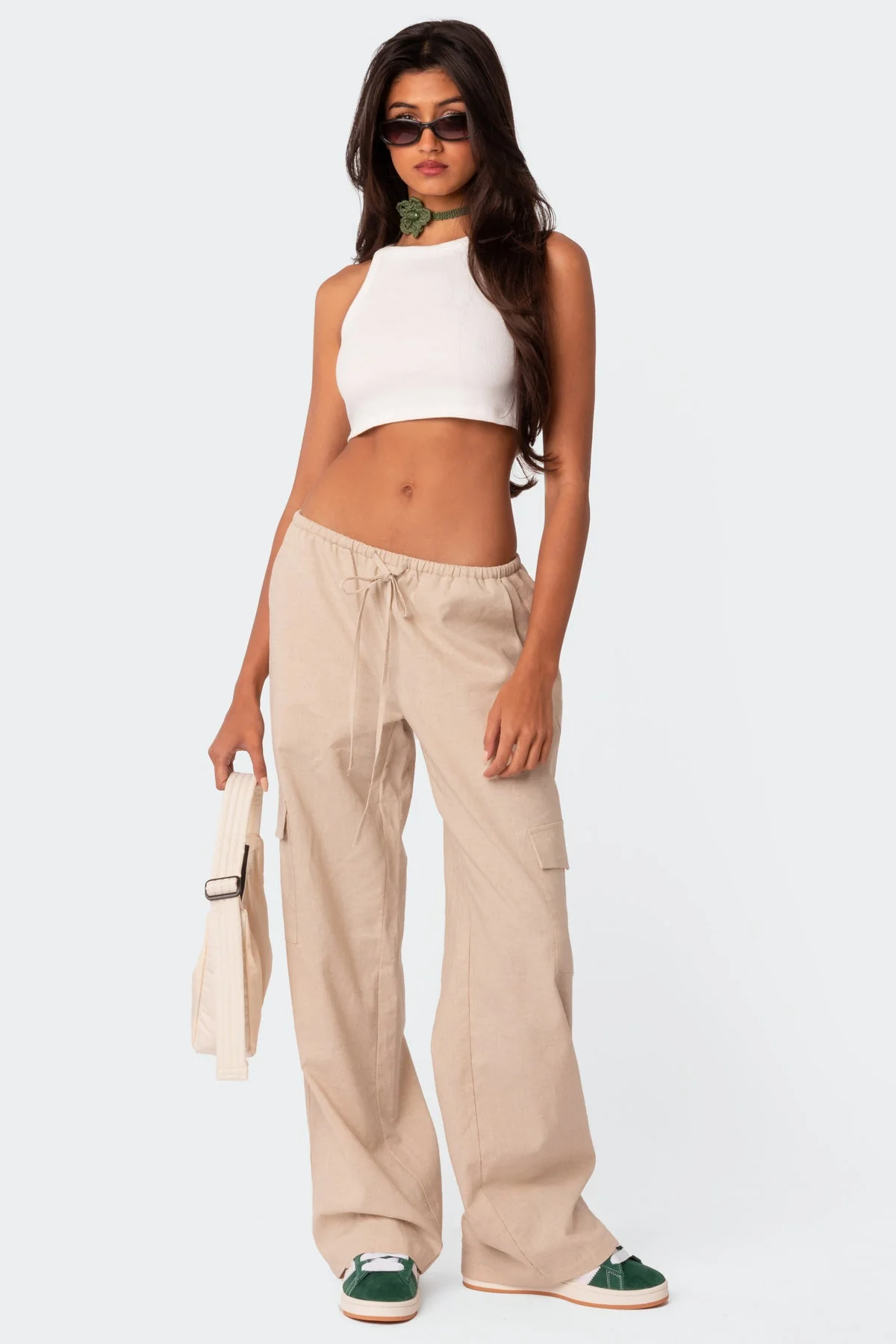Beige Linen Cargo Pants Elastic Waist Military Style