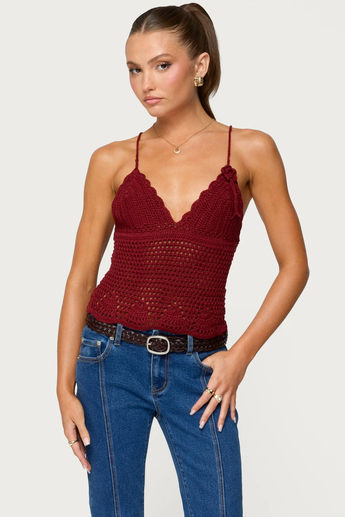 Burgundy Crochet V-Neck Tank Top for Women