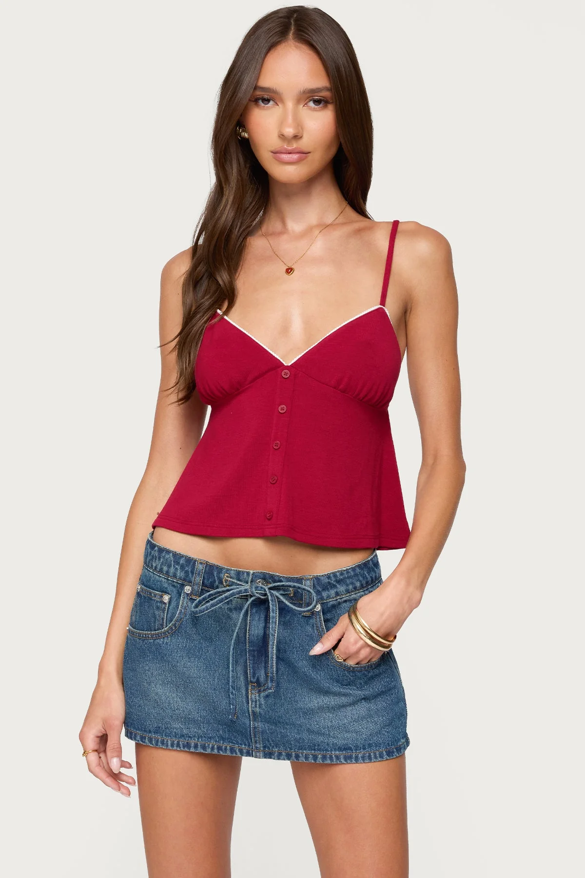 Red Button Detail Babydoll Tank Top
