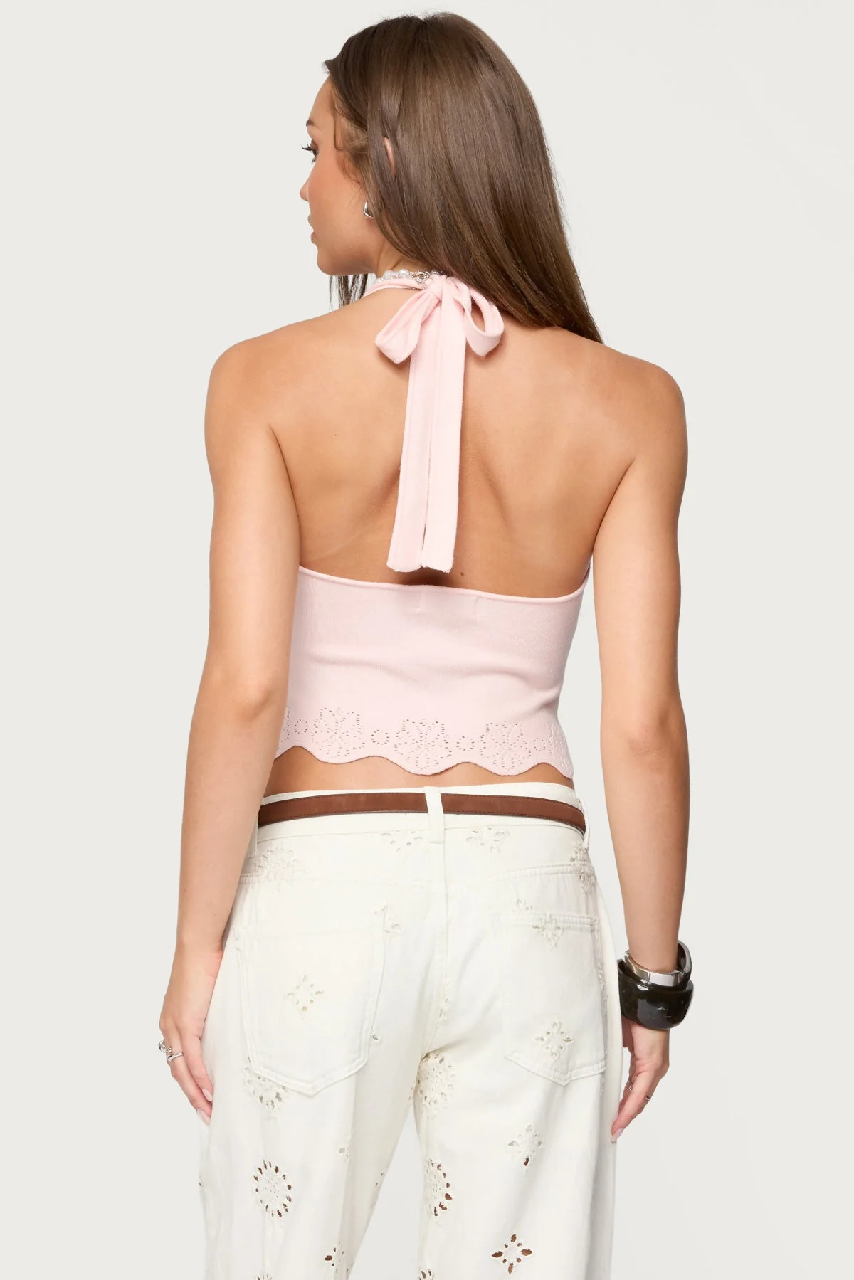 Light Pink Scalloped Halter Top for Women