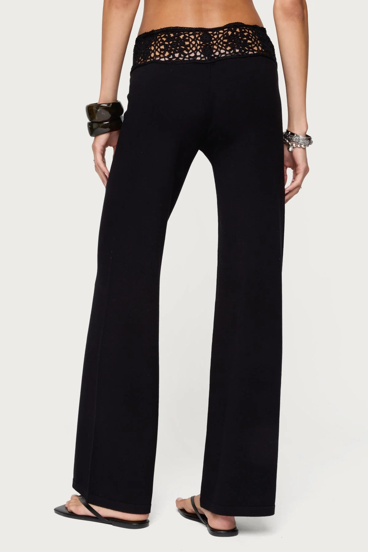 Black Crochet Waist Knit Pants - Adjustable Tie, Beaded Drawstring