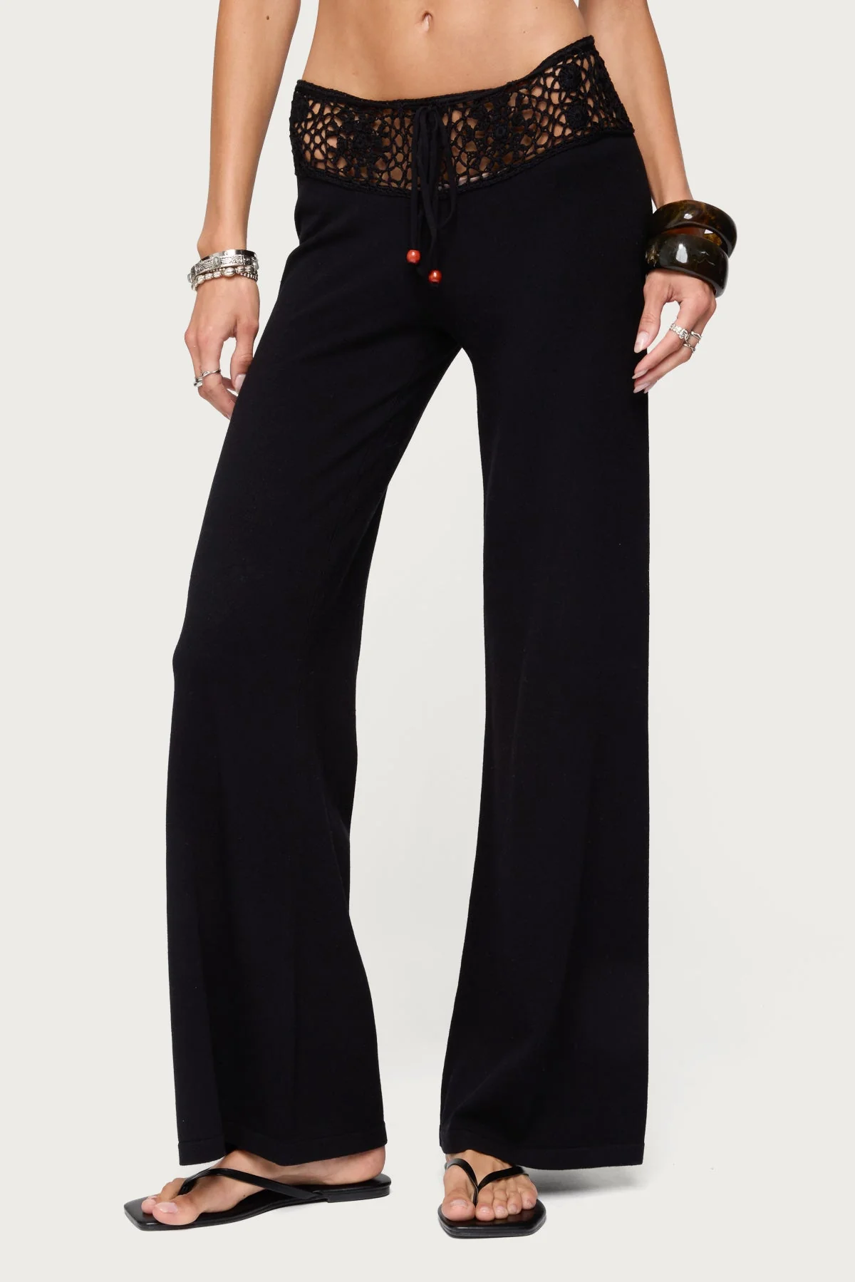 Black Crochet Waist Knit Pants - Adjustable Tie, Beaded Drawstring